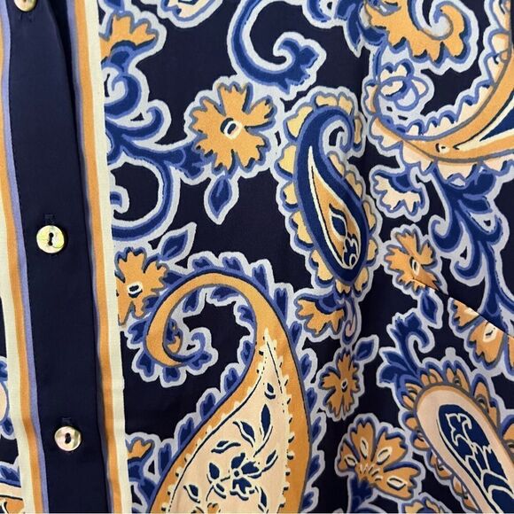 DR2 Button Up Short Sleeve Blue Paisley Blouse Top - Picture 3 of 6